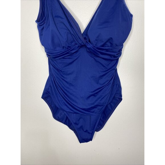 Ralph Lauren Swimsuit Sz 14 Blue One Piece Swim Ruched Side V Neck Padded Bra - Picture 3 of 6